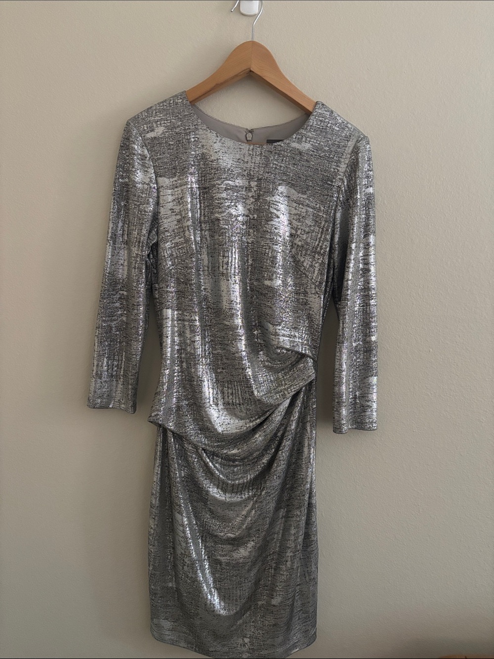 Vince Camuto Silver Metallic Long Sleeve Draped Cocktail Dress